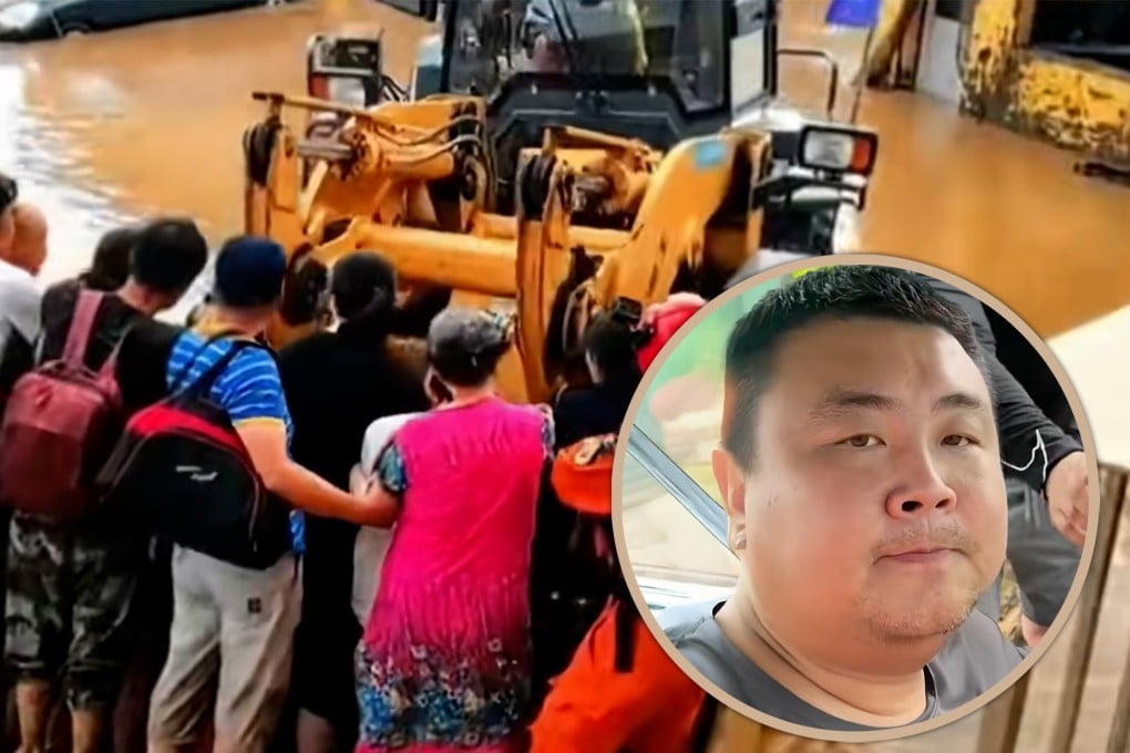 A Chinese man rescued more than 100 flood victims using a digger during heavy rain in Beijing, earning him the title “Bulldozer Hero”. Photo: SCMP composite/Douyin