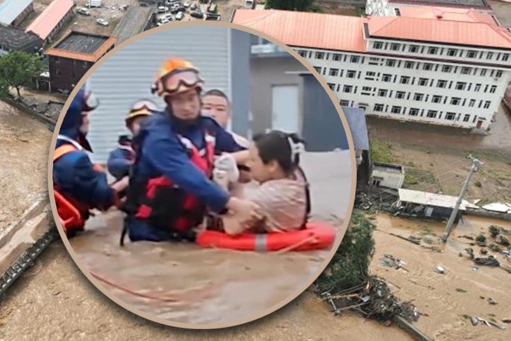 A husband in China has been praised after he insisted that emergency crews save his wife first as flood waters engulfed their small shop. Photo: SCMP composite/Xinhua/Douyin