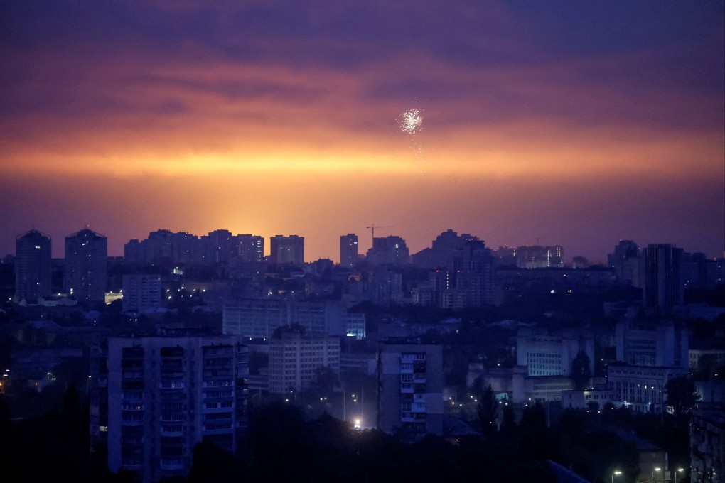 An exploding Russian missile lights up the sky over Kyiv, Ukraine, on Thursday. Photo: Reuters