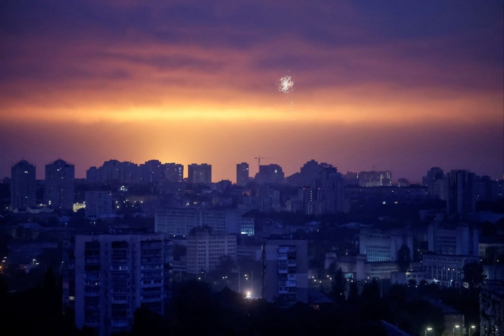 An exploding Russian missile lights up the sky over Kyiv, Ukraine, on Thursday. Photo: Reuters