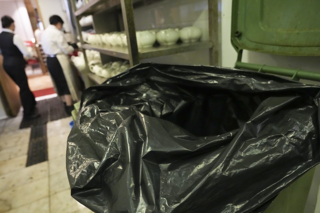 A dustbin is lined in a restaurant in San Po Kong in 2024. Many food businesses often find donation more costly and complicated than disposal and consequently, perfectly edible food goes to landfills rather than to people in need. Photo: May Tse