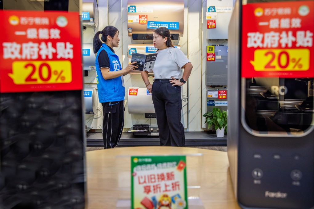 A salesperson introduces products and government subsidies to a consumer at a Suning chain store, a leading home-appliance retailer, in Wenzhou city, east China’s Zhejiang province on November 11, 2024. Photo: Xinhua