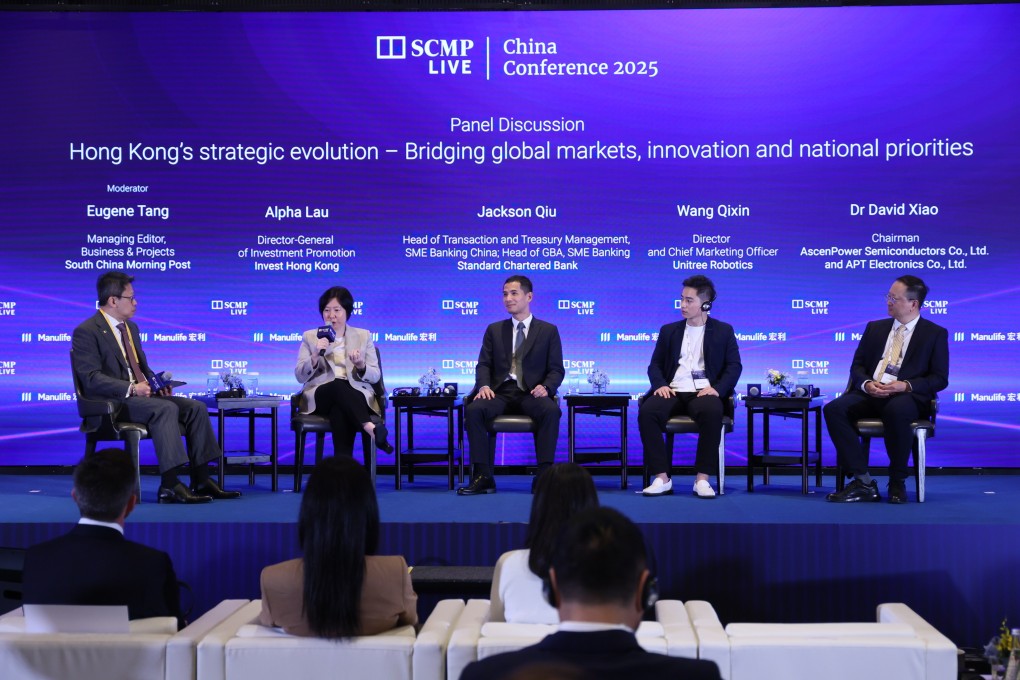 Experts share insights during a panel discussion examining how Hong Kong’s strategic evolution can help businesses grow amid economic and geopolitical uncertainties at South China Morning Post’s China Conference 2025. Photo: SCMP