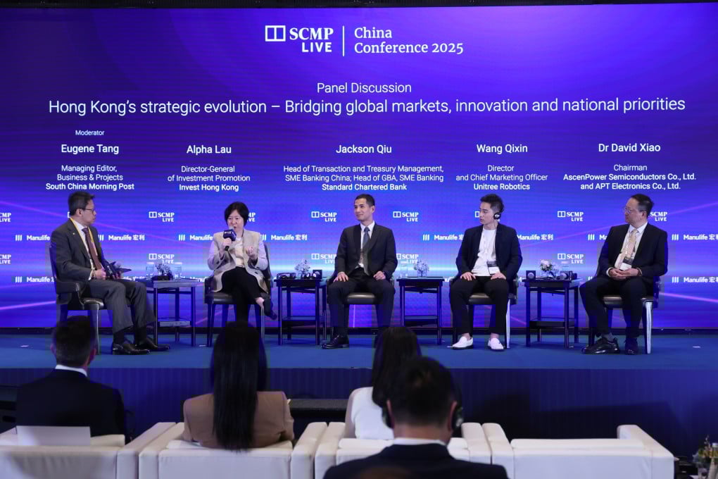 Experts share insights during a panel discussion examining how Hong Kong’s strategic evolution can help businesses grow amid economic and geopolitical uncertainties at South China Morning Post’s China Conference 2025. Photo: SCMP