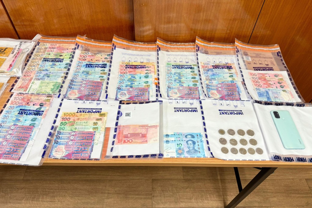 Police display cash stolen from offering boxes at religious venues in Hong Kong. Photo: Handout