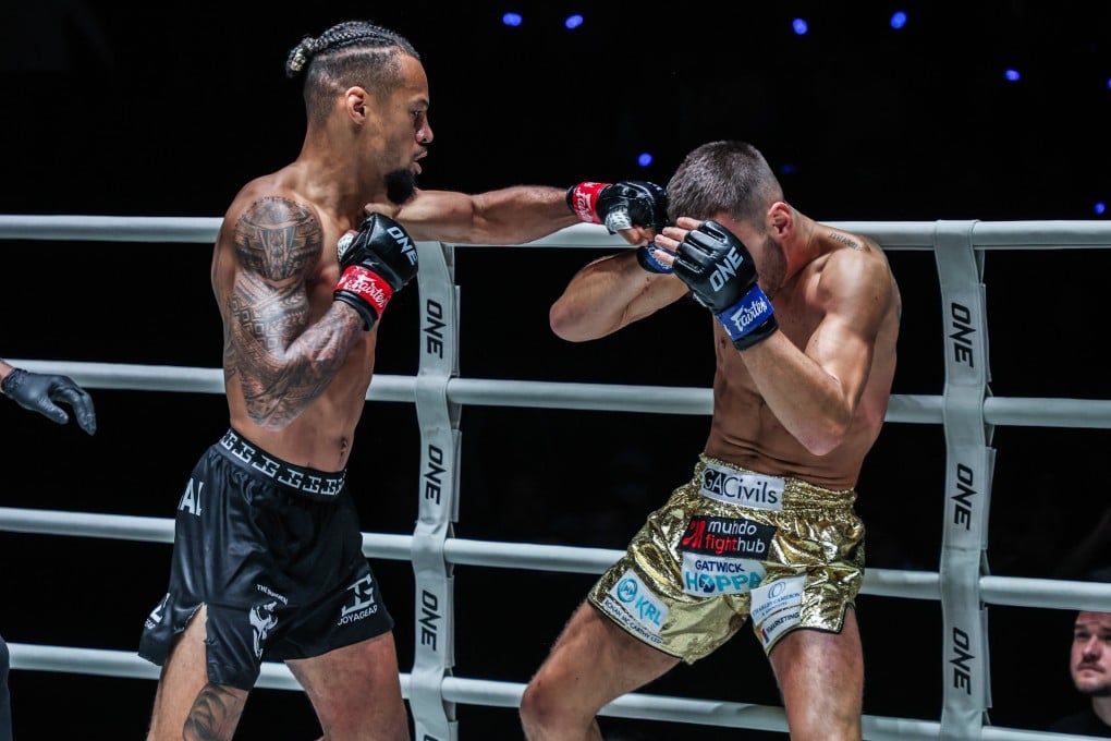 Regian Eersel (left) pushed George Jarvis onto the back foot from the start, before a sharp right hand dropped the former WBC Muay Thai world champion in 84 seconds. Photo: ONE Championship