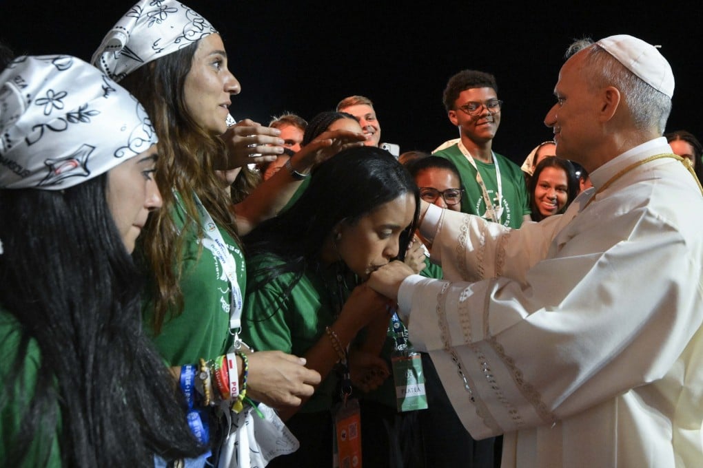 Pope Leo XIV greets worshippers at a prayer vigil during the Jubilee of Youth at the Tor Vergata field in Rome on Saturday. Photo: Vatican Media/AP