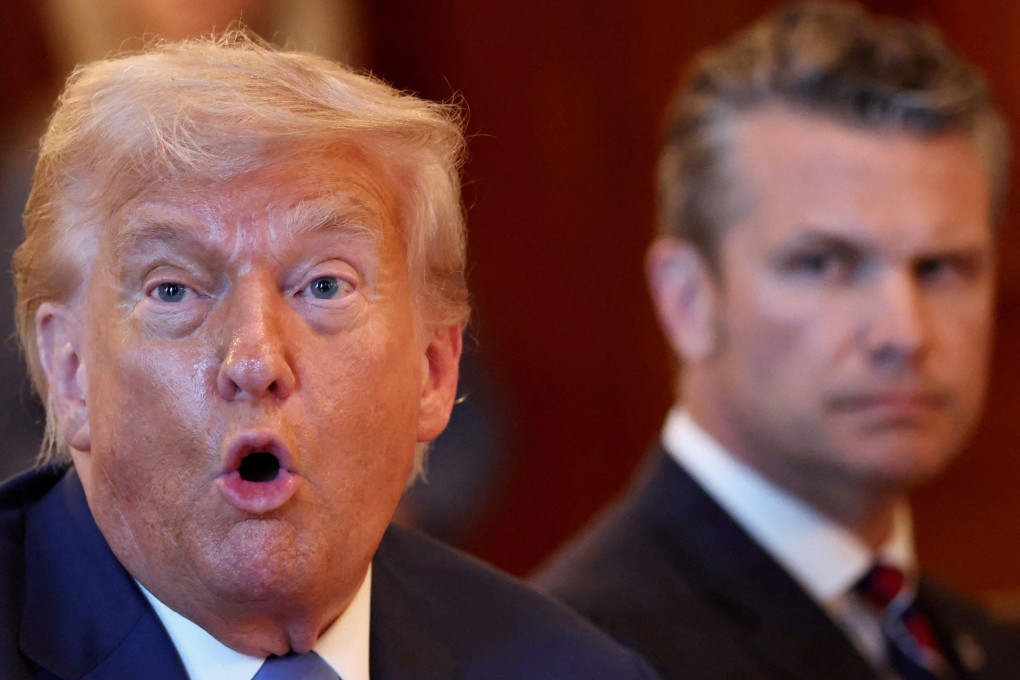 US President Donald Trump (left) speaks during a bilateral dinner with Israeli Prime Minister Benjamin Netanyahu on July 7 while US Defence Secretary Pete Hegseth (right) looks on. Photo: Reuters