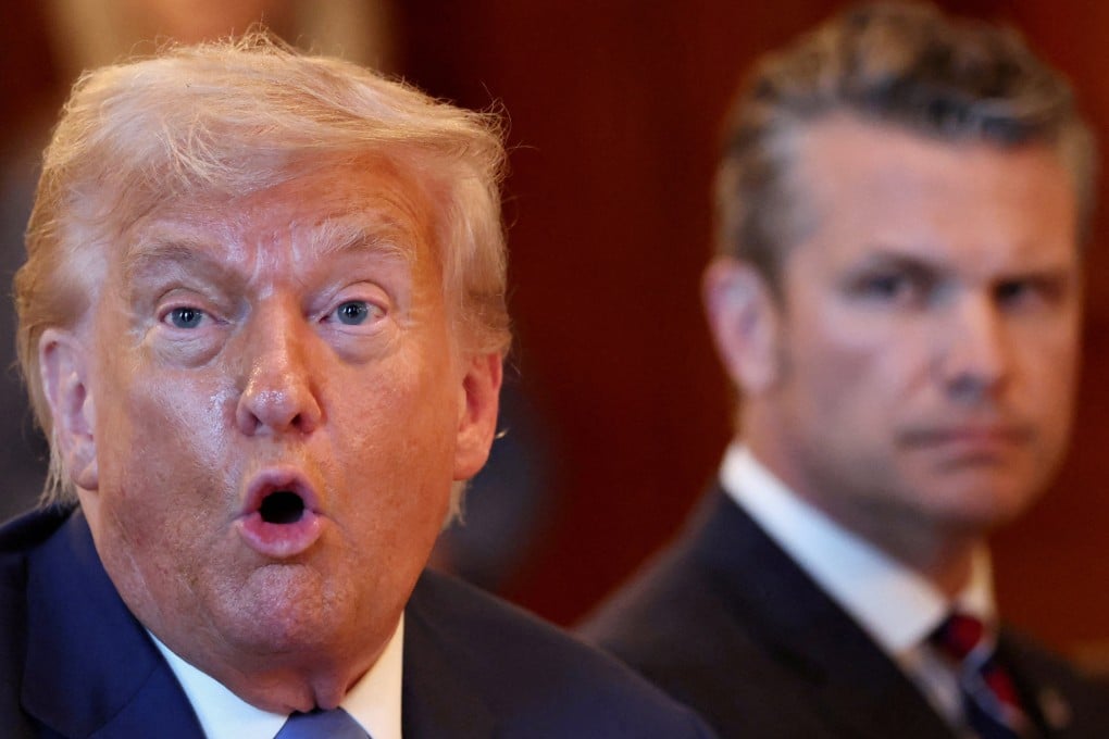US President Donald Trump (left) speaks during a bilateral dinner with Israeli Prime Minister Benjamin Netanyahu on July 7 while US Defence Secretary Pete Hegseth (right) looks on. Photo: Reuters