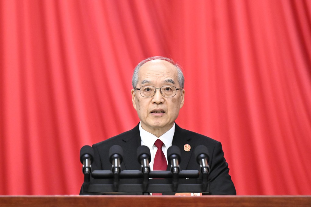 Zhang Jun, president of the Supreme People’s Court, delivering a work report at the Great Hall of the People in Beijing on March 8. Photo: Xinhua
