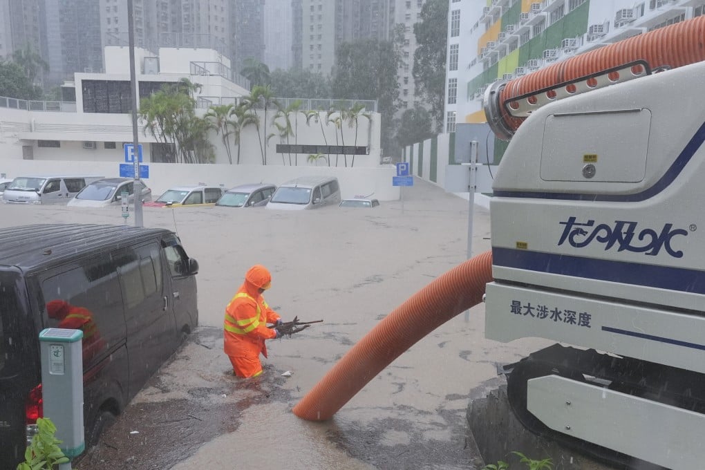 A robot used to drain flood water at an outdoor car park in Tseung Kwan O. Photo: May Tse