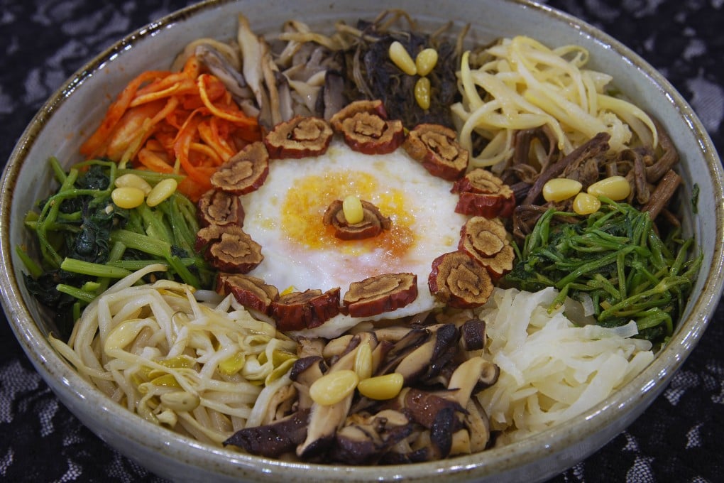 Ingredients in sanchae bibimbap – or wild vegetable bibimbap – can include siraegi (dried radish greens), sweet potato stems, green chilli peppers, dried zucchini slices, dried gourd, radish strips, mushrooms, bracken, royal fern, deodeok (Codonopsis lanceolate), bellflower root and gondre (wild thistle).