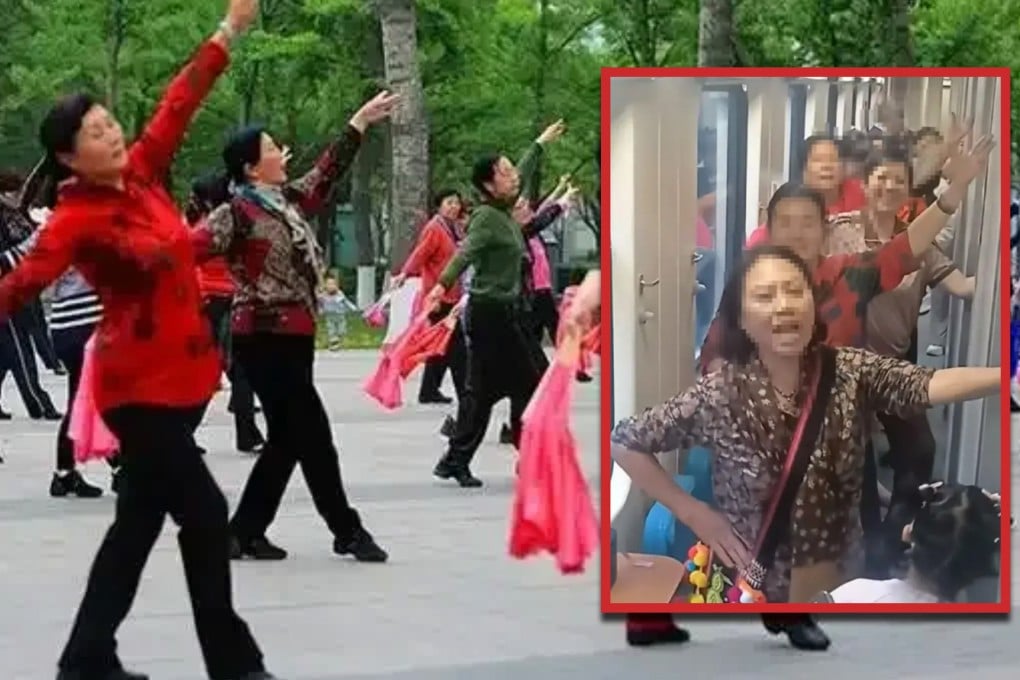 A group of Chinese women has shocked train passengers by square dancing in the aisles. Photo: SCMP composite/RedNote/Douyin