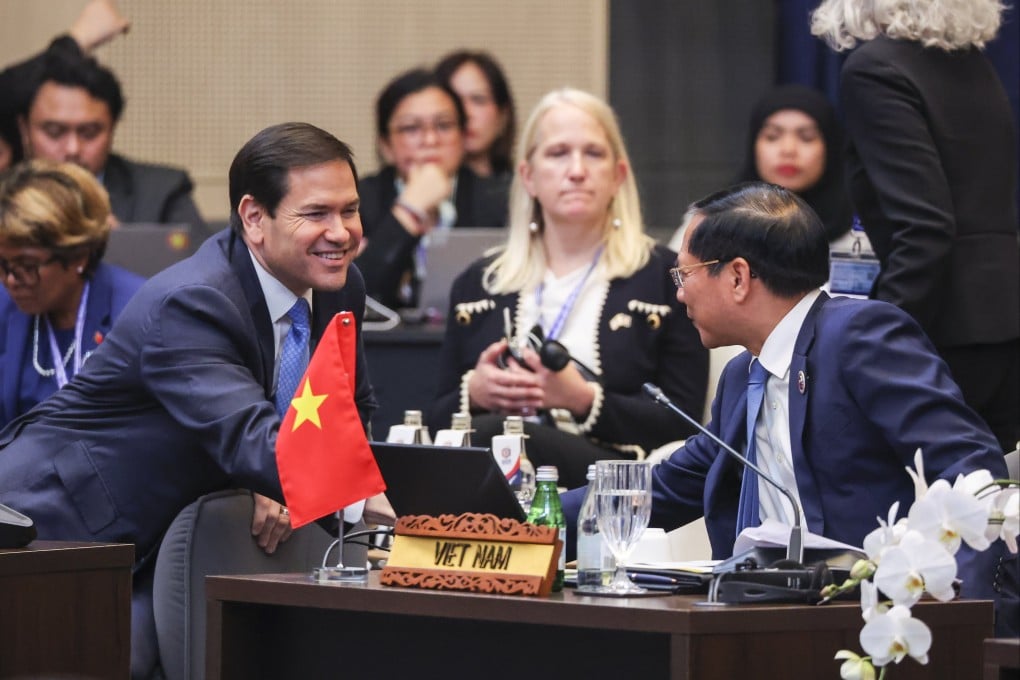 US Secretary of State Marco Rubio (left) greets Vietnam’s Deputy Prime Minister and Minister of Foreign Affairs Bui Thanh Son during the 32nd Association of Southeast Asian Nations Regional Forum in Kuala Lumpur on July 11. Photo: EPA
