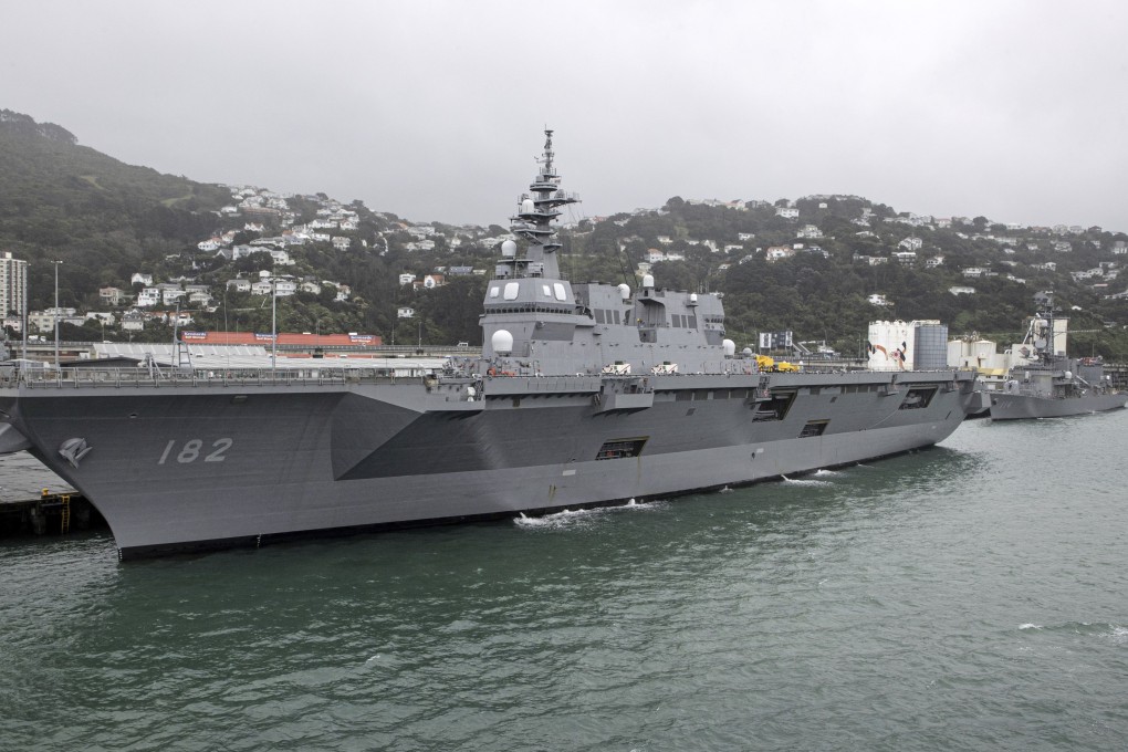 Japan Maritime Self-Defence Force’s JS Ise and JS Suzunami tied up in the port of Wellington, New Zealand, on Friday. Photo: AP