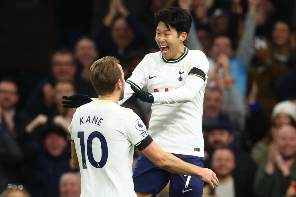 Tottenham Hotspur’s Son Heung-min celebrates his goal against West Ham United in 2023 with Harry Kane. Photo: Reuters