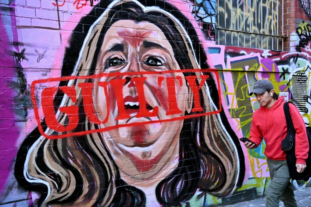 A man walks past a mural of of Erin Patterson in Melbourne last month after she was found guilty of murdering three members of her husband’s family with toxic mushroom-laced beef wellington. Photo: AFP