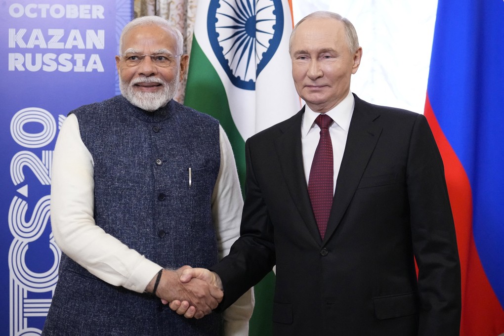 Russia’s President Vladimir Putin and Indian Prime Minister Narendra Modi on the sidelines of the Brics summit in Kazan in 2024. Photo: TNS