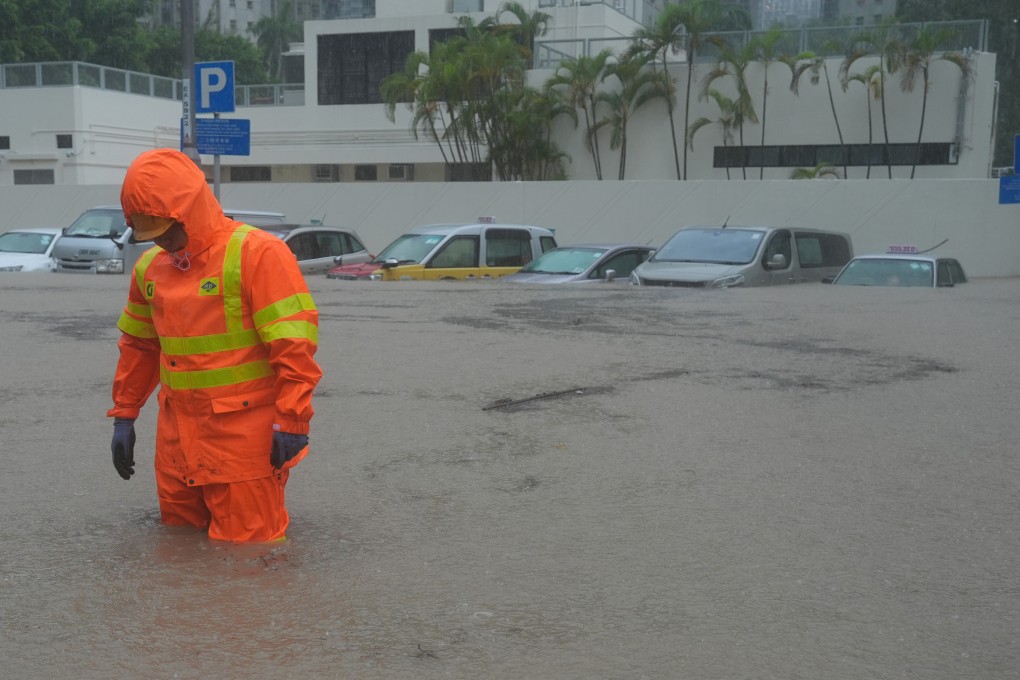 An outdoor car park on King Yin Lane in Tseung Kwan O was inundated om Tuesday, when a black rainstorm warning was in force. Photo: May Tse