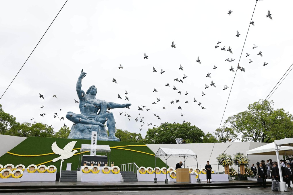 Doves are released during a memorial ceremony held at Peace Park in Nagasaki on Saturday to mark the 80th anniversary of the US atomic bombing of the southwestern Japan city in World War II. Photo: Kyodo