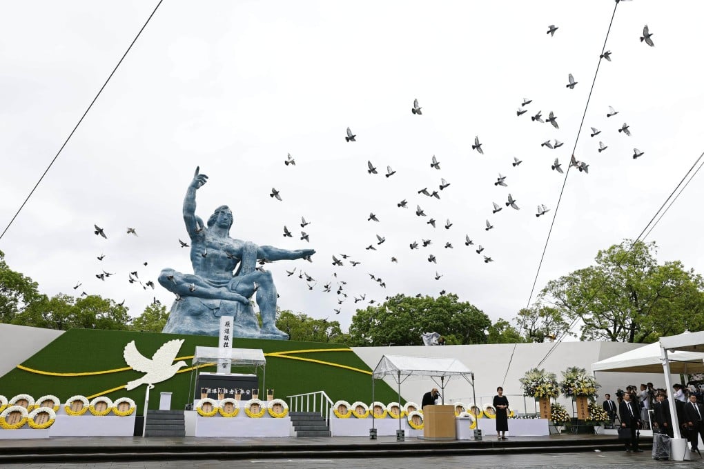 Doves are released during a memorial ceremony held at Peace Park in Nagasaki on Saturday to mark the 80th anniversary of the US atomic bombing of the southwestern Japan city in World War II. Photo: Kyodo