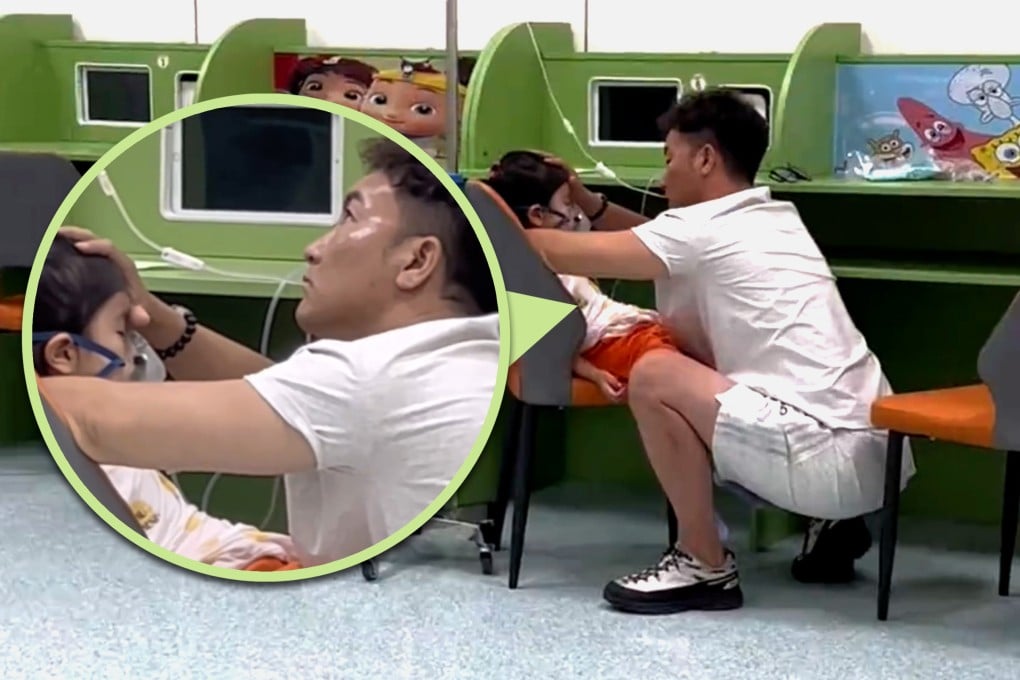 In a touching hospital moment, a father in China put an IV tube in his mouth to warm his daughter during treatment. Photo: SCMP composite/Douyin