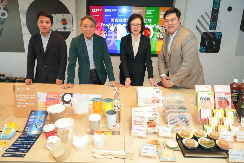 (From left) Koon Chun Sauce Factory’s Daniel Chan; Hong Kong Food Science and Technology Association’s Leo Yuen; My Care Healthcare’s Peggy Cheung and Francis Ho, showcase their products. Photo: May Tse