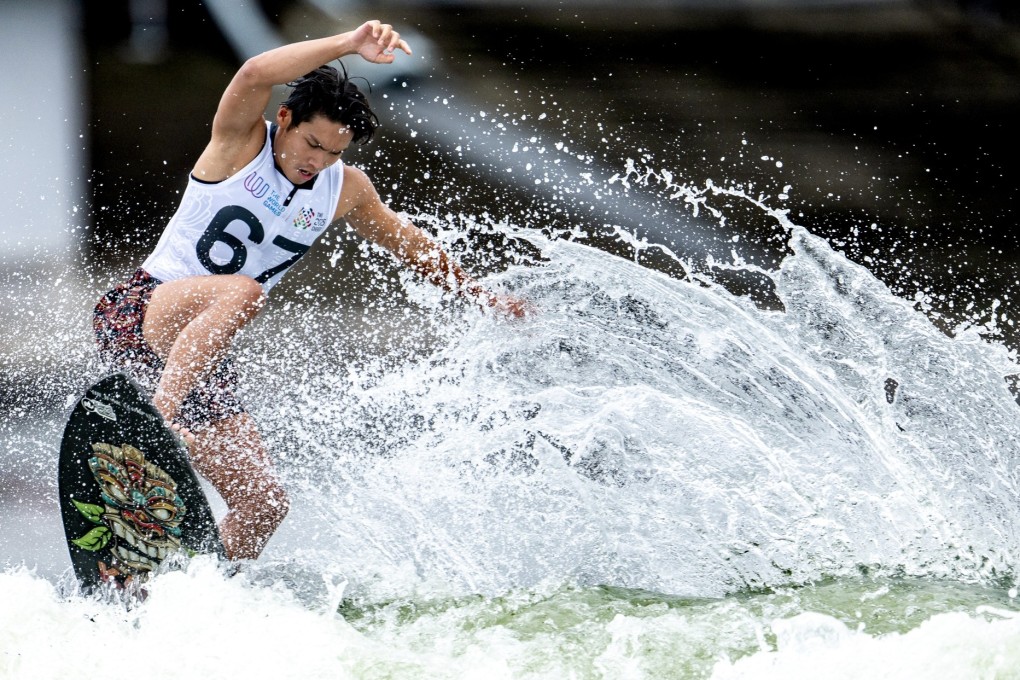 Hong Kong’s Harry Cheng, making his debut in a world event, came third in the men’s wake surf skim in Chengdu on Sunday. Photo: SF&OC