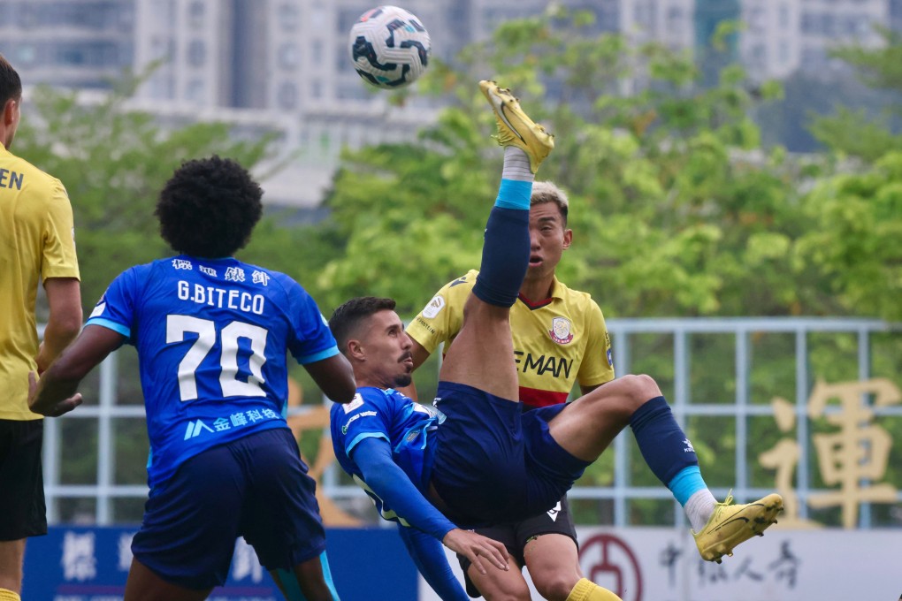 Luizinho attempts an acrobatic effort for BC Rangers against Lee Man. Photo: Jonathan Wong