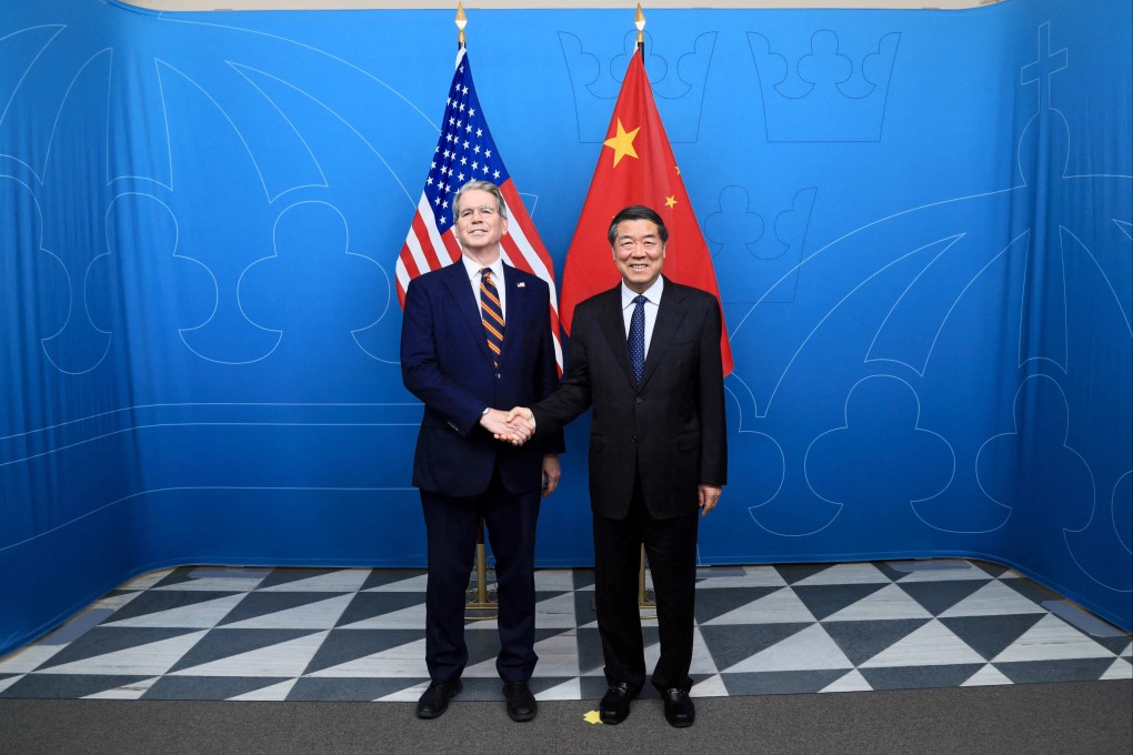 US Treasury Secretary Scott Bessent and Chinese Vice-Premier He Lifeng shake hands in Stockholm, Sweden, on July 28. Photo: Handout