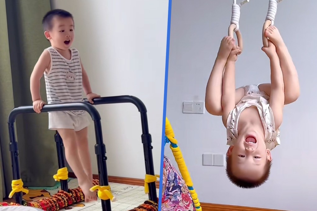 In Zhejiang, a talented three-year-old boy has amazed onlookers with his gymnastics skills, swinging on bars while still in diapers. Photo: SCMP composite/Douyin