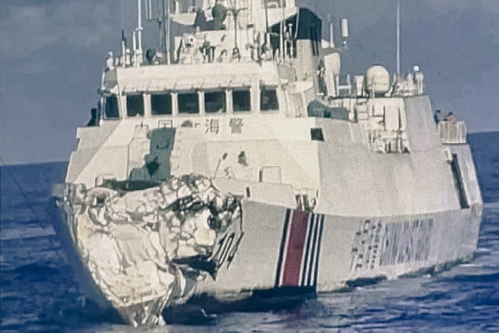 A Chinese coastguard vessel collided with a PLA Navy ship, numbered 164, around 10 nautical miles east of Scarborough Shoal, resulting in substantial damage to the coastguard vessel. Photo: Philippine Coast Guard