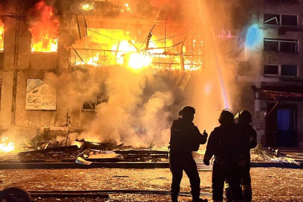 Crews extinguish a structural fire following a Russian strike in Dobropillia, Donetsk region in March. Photo: State Emergency Service of Ukraine/AFP