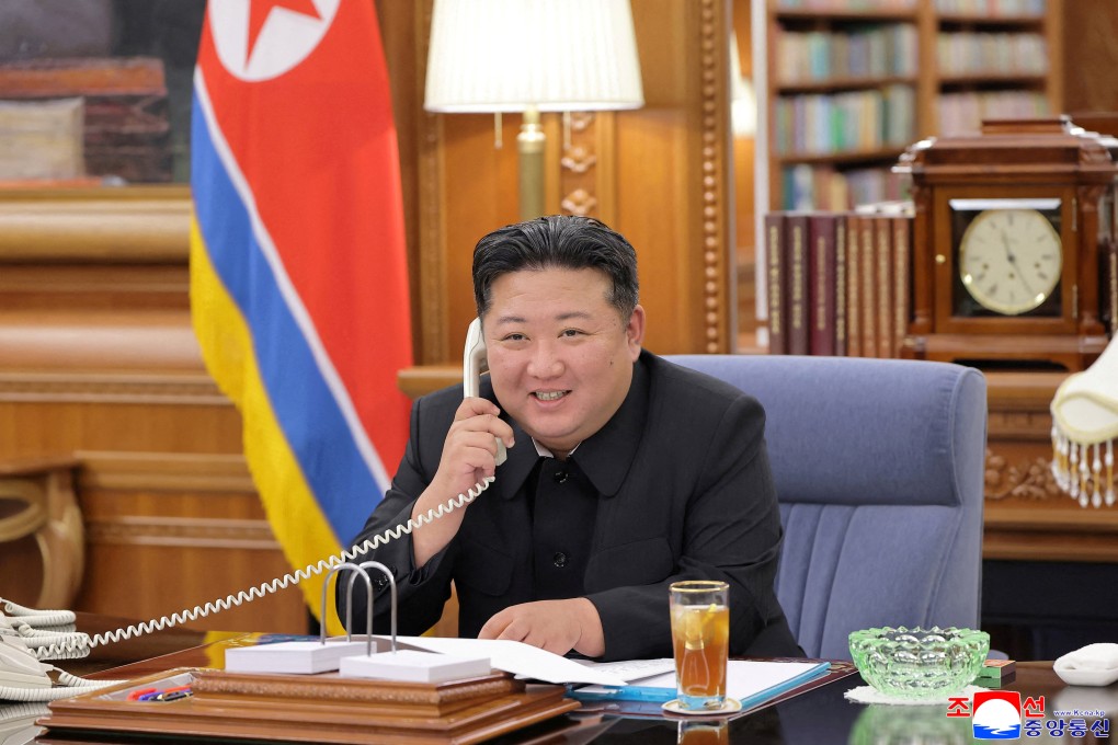 North Korean leader Kim Jong-un speaks on the phone with Russian President Vladimir Putin in Pyongyang in an image released on Wednesday. Photo: KCNA via Reuters