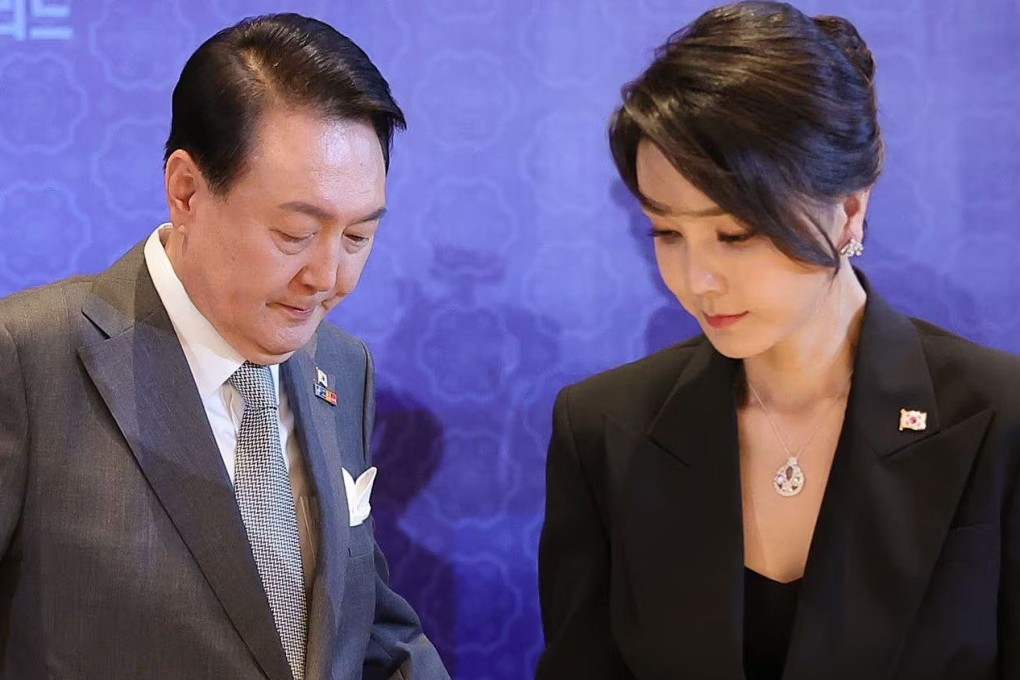 Former South Korean first lady Kim Keon-hee wears a diamond pendant at a dinner with her husband, former president Yoon Suk-yeol during the Nato summit on June 29, 2022. Photo: Presidential Photography Group
