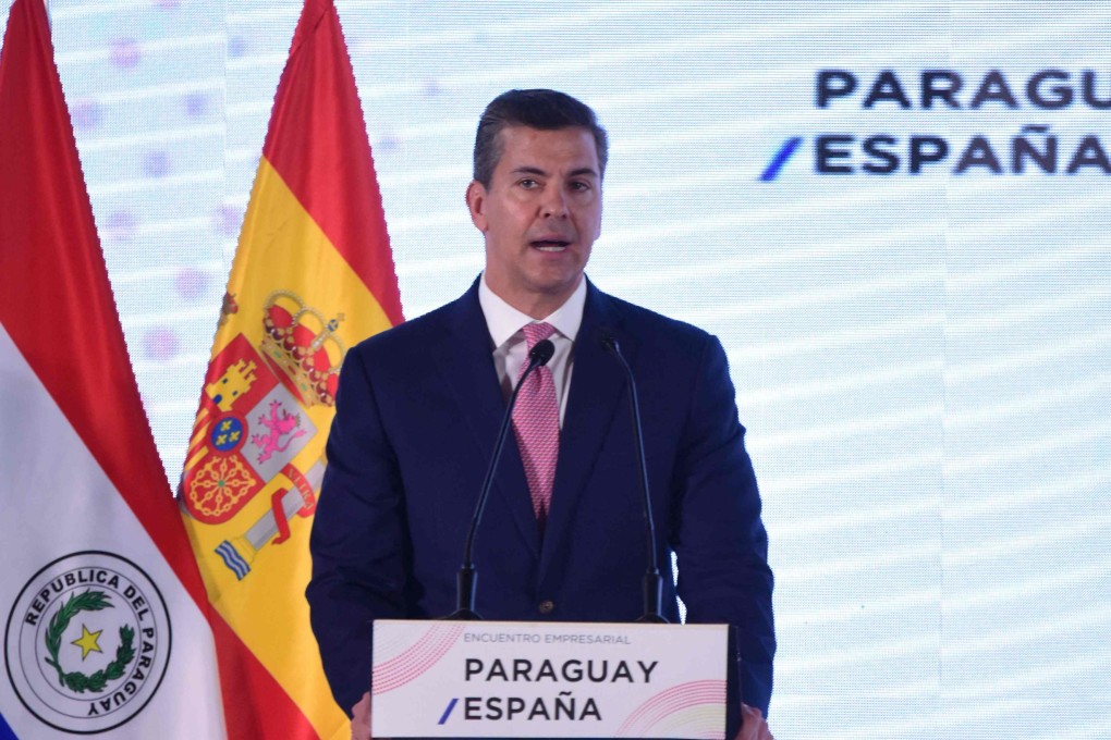 Paraguay’s President Santiago Pena delivers a speech after a meeting with Spanish Prime Minister Pedro Sanchez in Asuncion in July. Photo: AFP