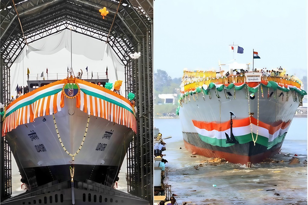 A photo shared by the Indian Navy on social media on Monday shows the new stealth frigates INS Udaygiri and INS Himgiri, which are set to be commissioned on August 26. Photo: X/indiannavy