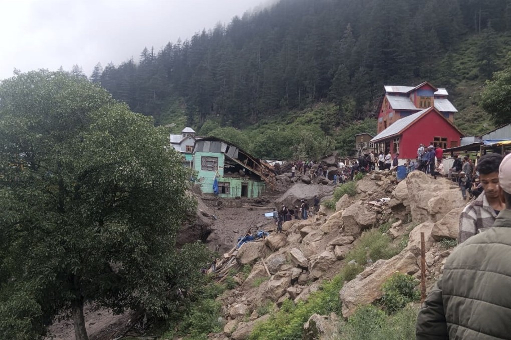 Buildings damaged in flash floods caused by torrential rains in the Chositi area of Indian controlled Kashmir, on Thursday. Photo: AP