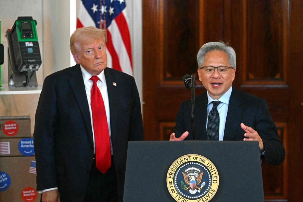 Nvidia CEO Jensen Huang (right) speaks alongside US President Donald Trump at the White House in April. Nvidia has agreed to pay 15 per cent of the revenue from sales of its H20 chip in China to the US government under a deal that analysts have called “unprecedented”. Photo: AFP