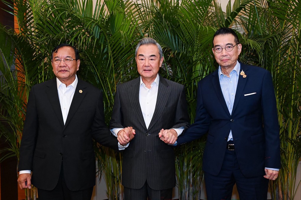 From left: Cambodian Foreign Minister Prak Sokhonn meets his Chinese and Thai counterparts Wang Yi and Maris Sangiampongsa for talks in Anning in Yunnan province on Thursday. Photo: Royal Thai  Government via AFP