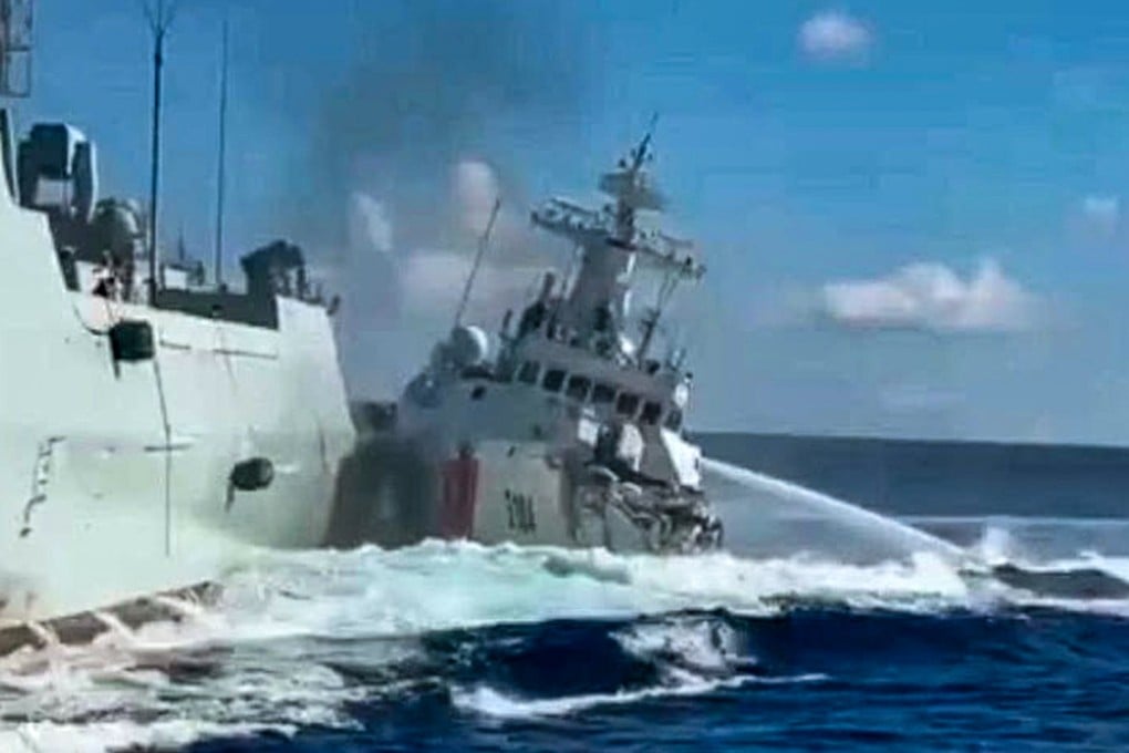 Screen grab from Philippine coastguard footage appears to show the purported collision between Chinese coastguard and military vessels near the disputed Scarborough Shoal. Photo: Handout