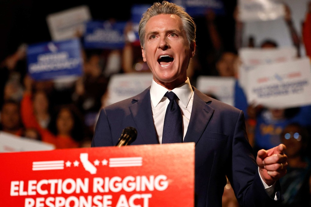 California Governor Gavin Newsom speaks about the “Election Rigging Response Act” in Los Angeles on Thursday. Photo: AFP