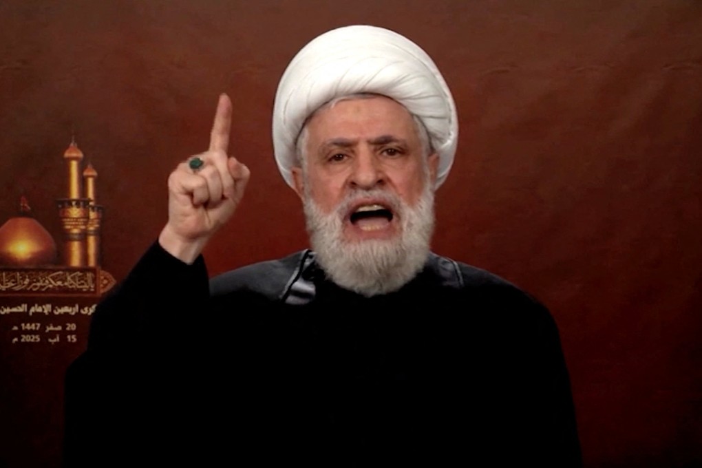 Lebanon’s Hezbollah chief Naim Qassem gives a televised speech from an unknown location on Friday. Photo: Al Manar TV via Reuters