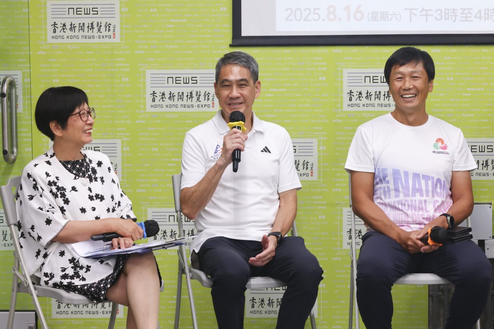 May Chan Suk-Mei, vice chairman of Hong Kong News-Expo, left, alongside Tang King-shing, chairman of Hong Kong Sports Institute and Yueng Tak Keung, head of the National Games Coordination Office, preview the 15th National Games. Photo: Dickson Lee