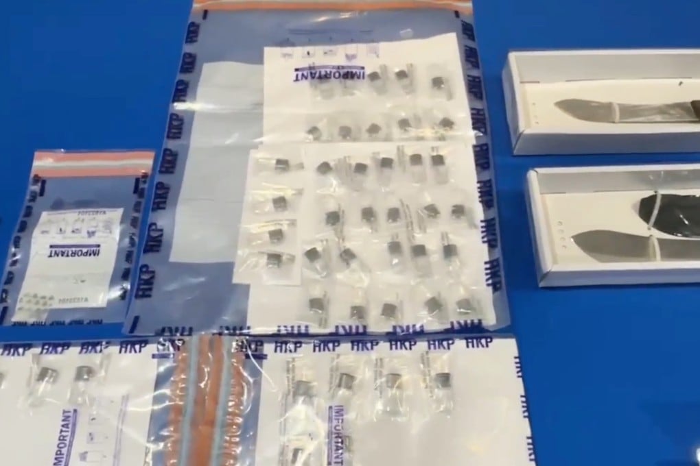 Offciers seized evidence including pellets containing etomidate, two machetes and and drug-taking apparatus. Photo: Facebook/Hong Kong Police Force