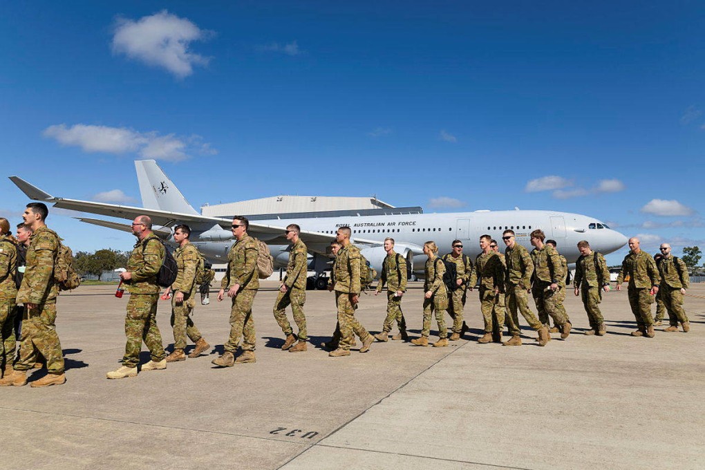 Defence personnel embark a Royal Australian Air Force KC-30A departing RAAF base Amberley for the Philippines as part of exercise Alon 2025. Photo: Australia’s defence department