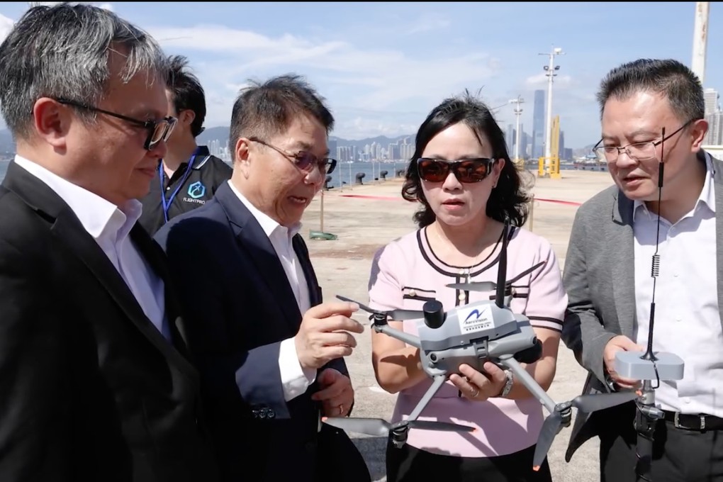 Secretary for Transport and Logistics Mable Chan gets to grips with a drone on a recent visit. Photo: Handout