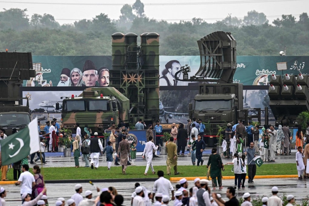 Missile launchers and other air defence systems are seen on display at a military exhibition in Islamabad on Thursday during Independence Day celebrations. Photo: AFP