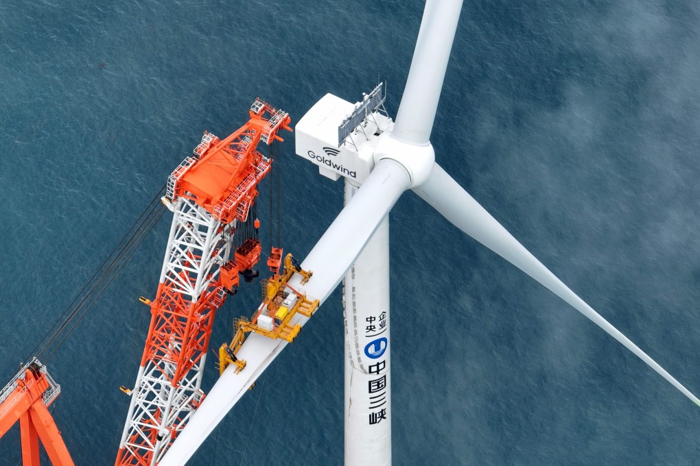 An aerial drone photo shows the installation of a wind turbine blade in waters off of southeast China’s Fujian province. Photo: Xinhua