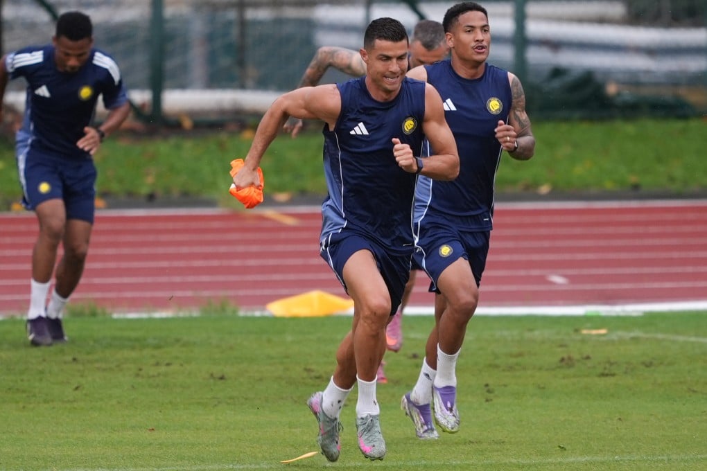 Cristiano Ronaldo leads his Al-Nassr teammates in a sprint session ahead of the Saudi Super Cup semi-final. Photo: Eugene Lee
